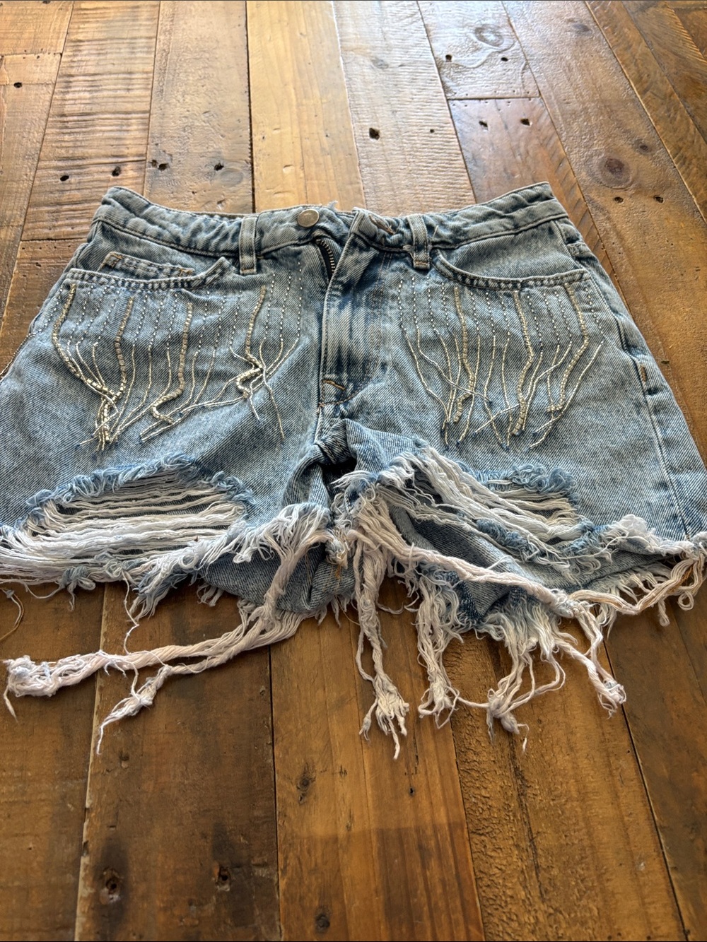 Zara Distressed Light Blue Denim Women's Shorts with Fringe